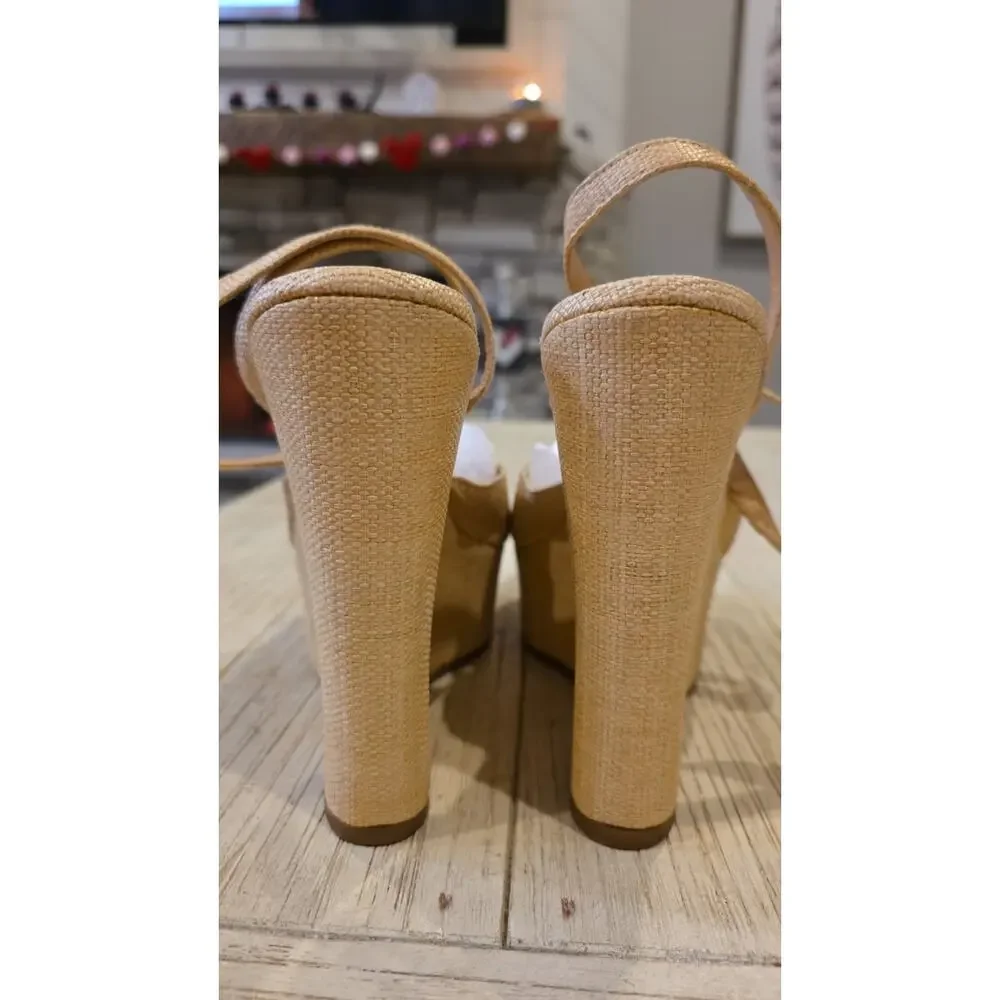 Schutz Neith Raffia Wedge Sandal Womens 10.5 Beige Ankle Strap Platform Peep Toe